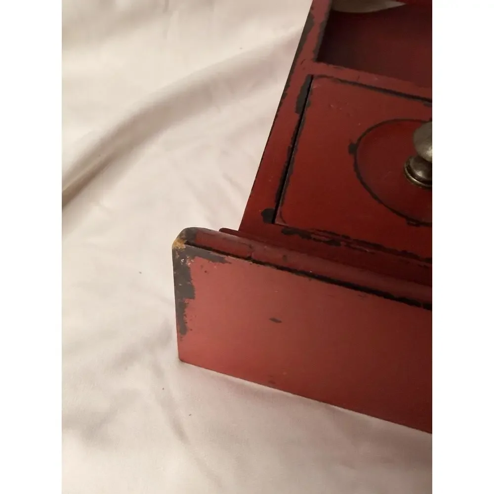 Vintage Red Wall Hanging Wooden Double Drawer Mini Cabinet Shelf Farmhouse Decor